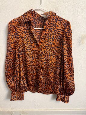 Women's Orange and Navy Animal Print Button-Down Blouse